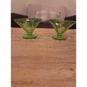 Federal Glass Green Uranium Glass Dessert Coupes Sherbet Dishes Set of 2 Glows